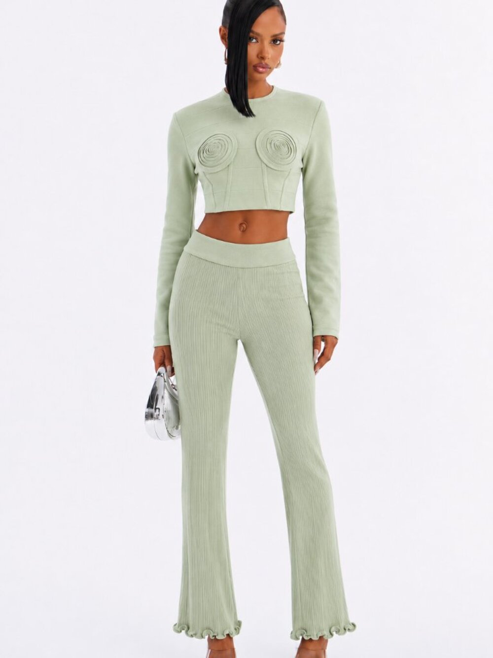 NWOT Set Herve Leger Revolve Curvy Tall Green Flared Pants & Long-Sleeve Top